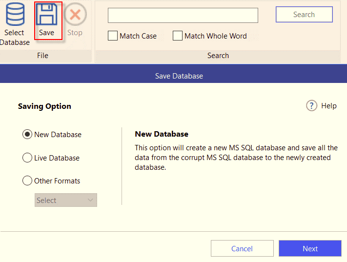 select the saving option to save repaired database